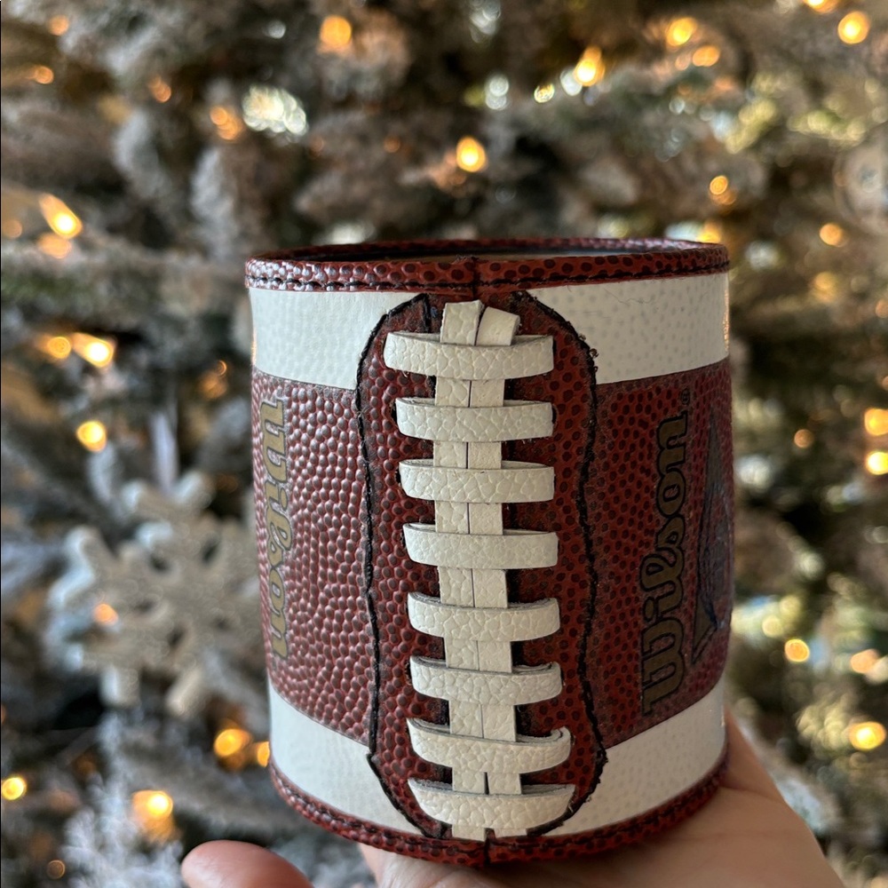 Hawkeyes Can Koozie Brown Leather Wilson NCAA Football Beer Insulated NEW GIFT